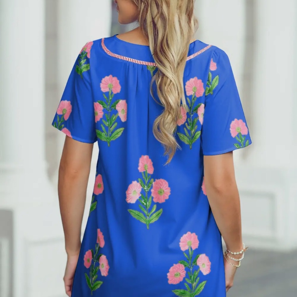 💙Blue Floral Embroidered Print Women's Dress💜 - Picture 2 of 2